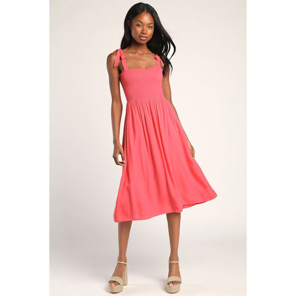 Lulus Looking Up Hot Pink Smocked Tie-strap Midi Dress - Size XS